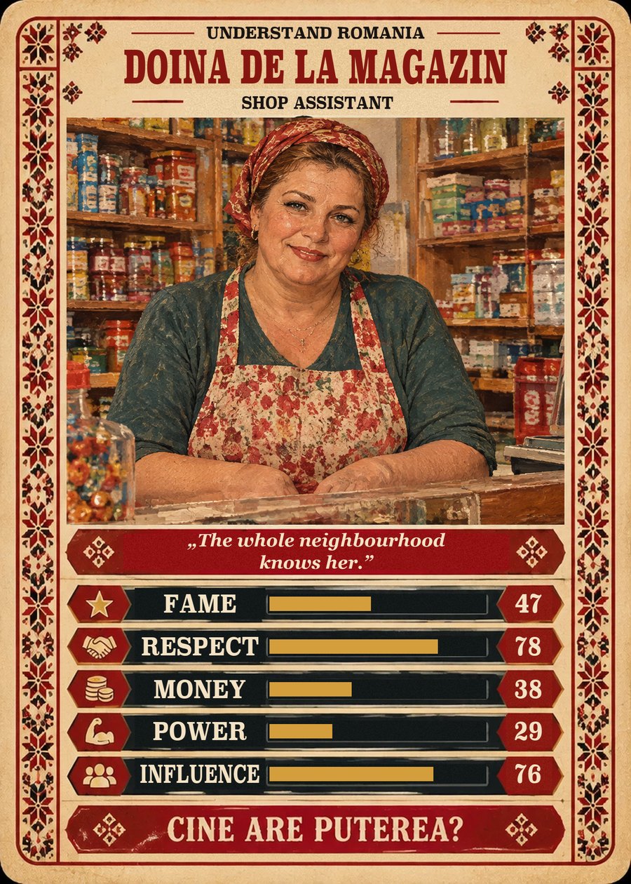 DOINA DE LA MAGAZIN — Shop assistant. The whole neighbourhood knows her. (Fame 47, Respect 78, Money 38, Power 29, Influence 76)