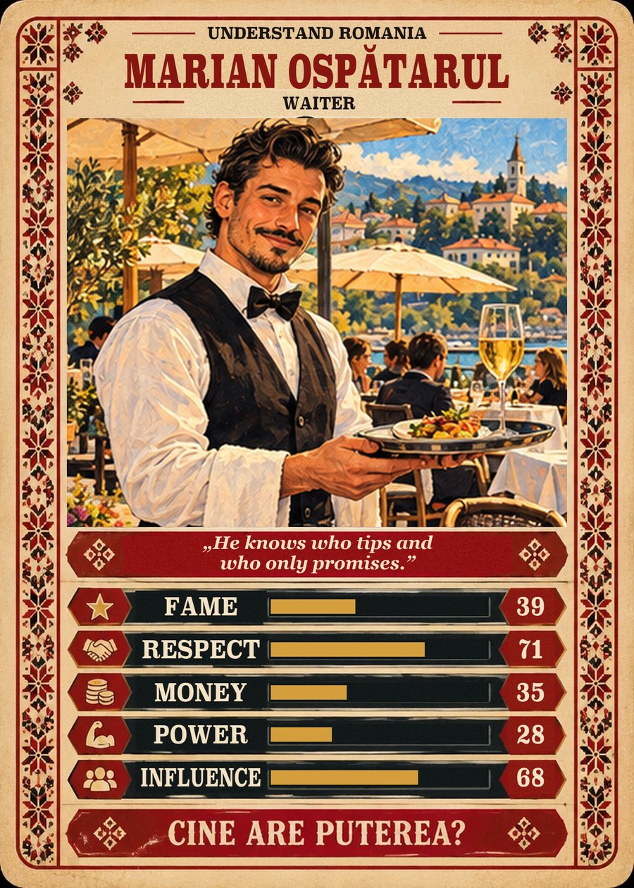MARIAN OSPĂTARUL — Waiter. He knows who tips and who only promises. (Fame 39, Respect 71, Money 35, Power 28, Influence 68)