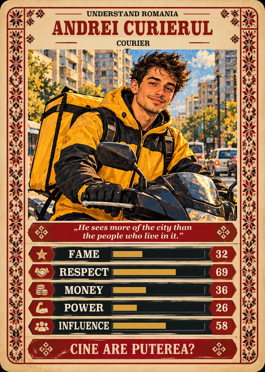 ANDREI CURIERUL — Courier. He sees more of the city than the people who live in it. (Fame 32, Respect 69, Money 36, Power 26, Influence 58)