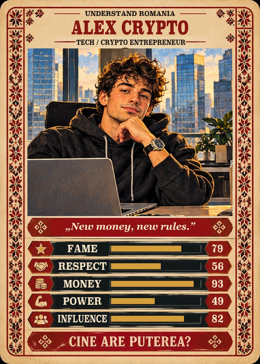 ALEX CRYPTO — Tech / Crypto entrepreneur. New money, new rules. (Fame 79, Respect 56, Money 93, Power 49, Influence 82)