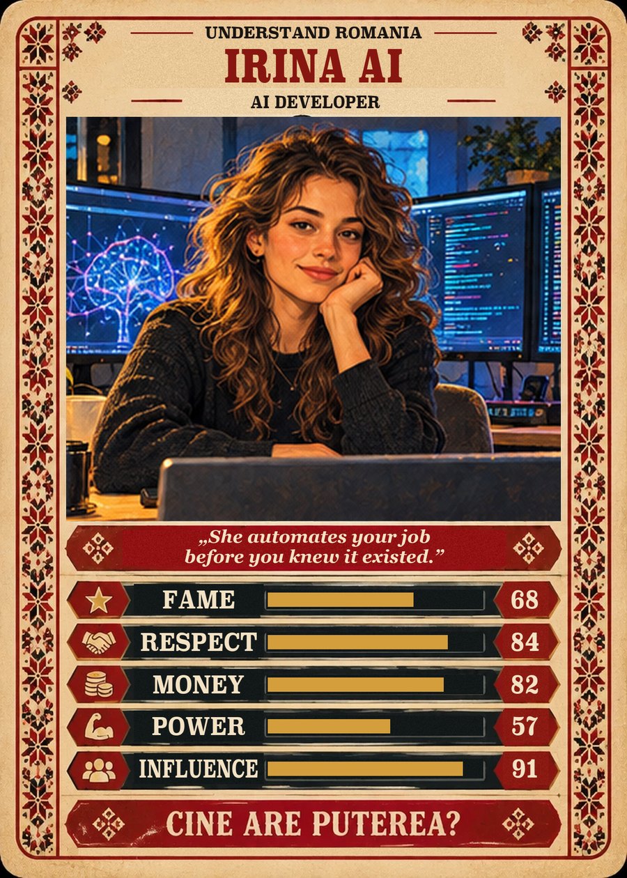 IRINA AI — AI developer. She automates your job before you knew it existed. (Fame 68, Respect 84, Money 82, Power 57, Influence 91)