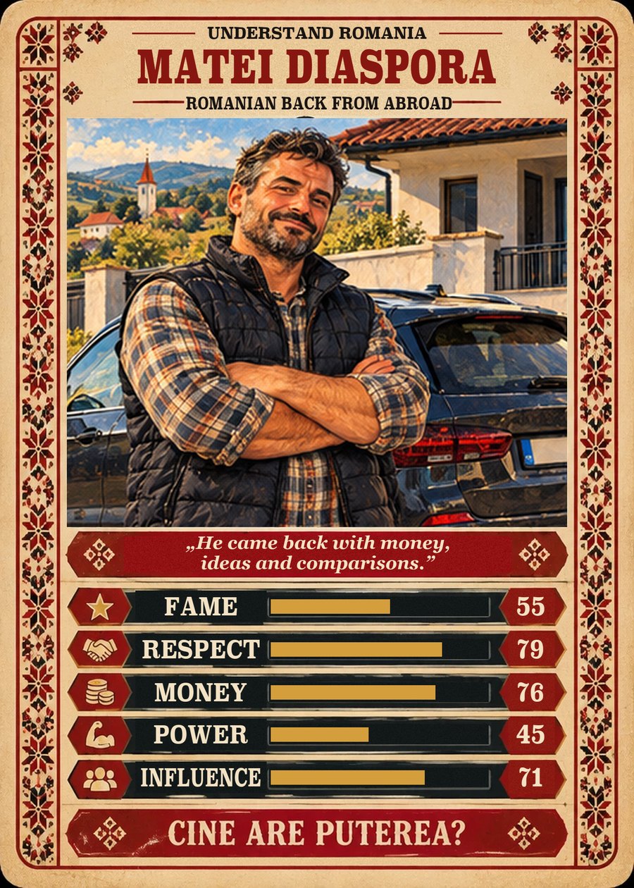 MATEI DIASPORA — Romanian back from abroad. He came back with money, ideas and comparisons. (Fame 55, Respect 79, Money 76, Power 45, Influence 71)