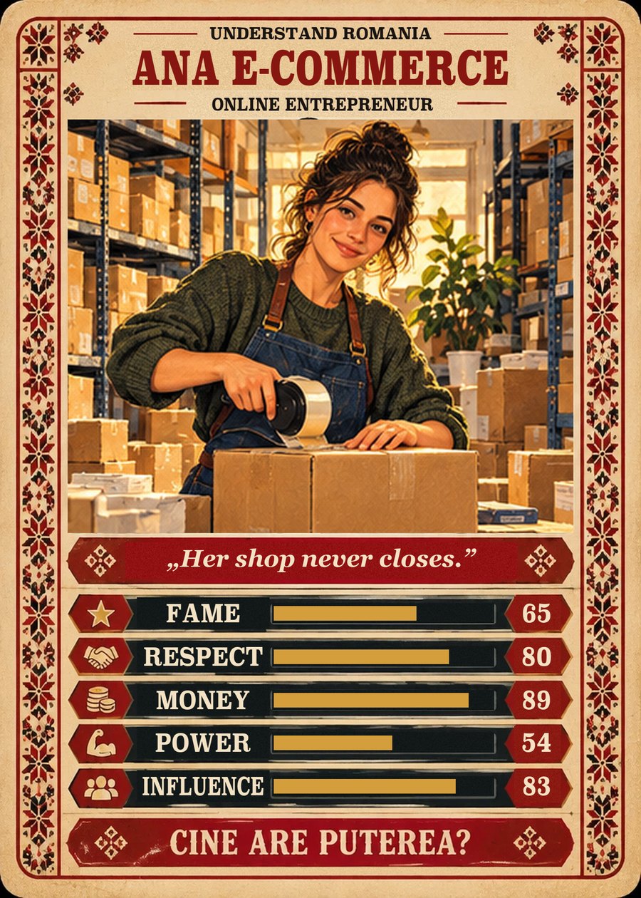 ANA E-COMMERCE — Online entrepreneur. Her shop never closes. (Fame 65, Respect 80, Money 89, Power 54, Influence 83)