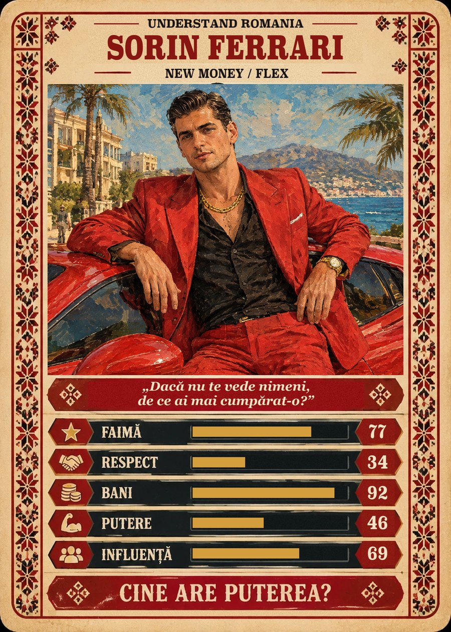SORIN FERRARI — New Money / Flex. Dacă nu te vede nimeni, de ce ai mai cumpărat-o? (Faimă 77, Respect 34, Bani 92, Putere 46, Influență 69)