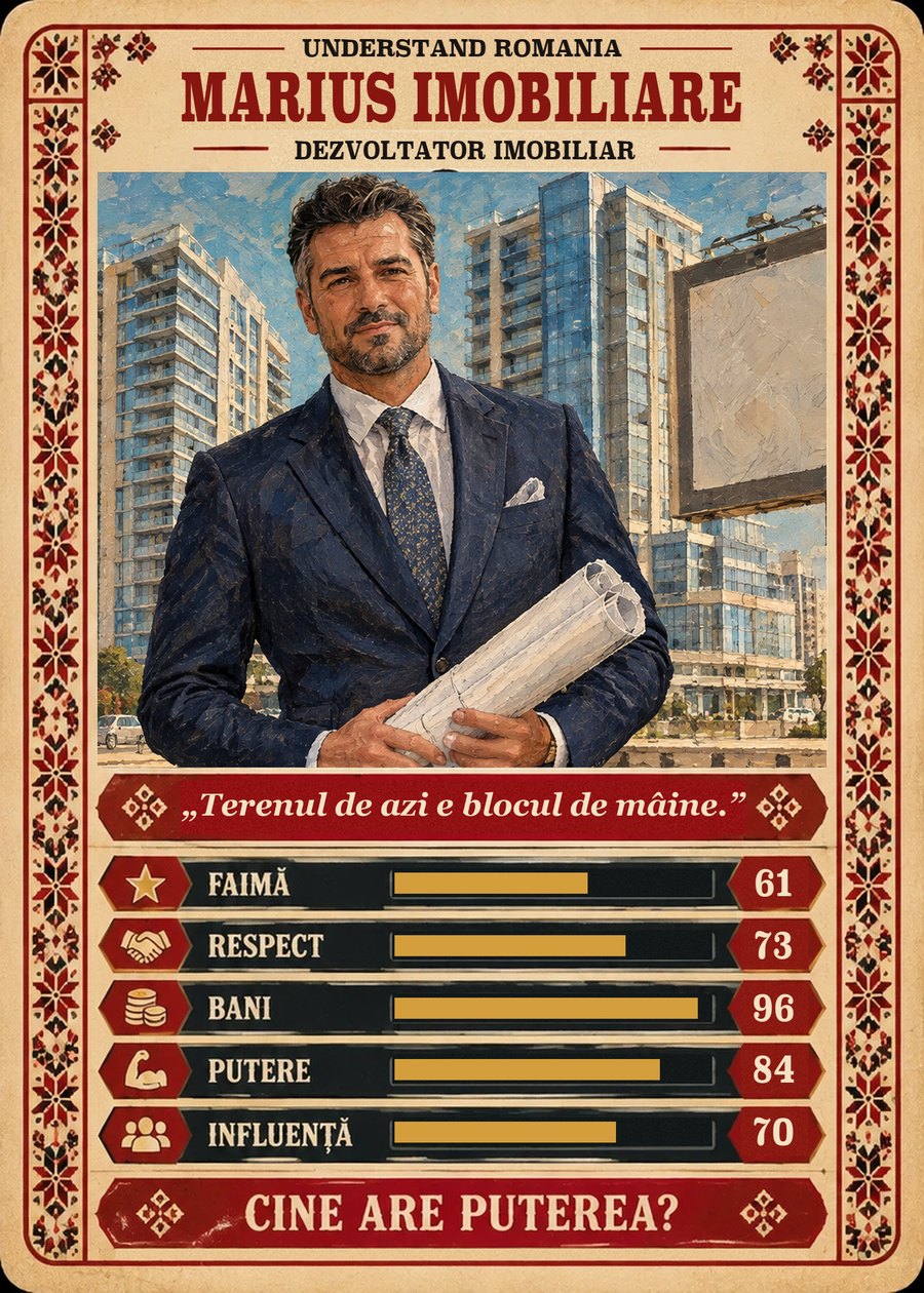 MARIUS IMOBILIARE — Dezvoltator imobiliar. Terenul de azi e blocul de mâine. (Faimă 61, Respect 73, Bani 96, Putere 84, Influență 70)