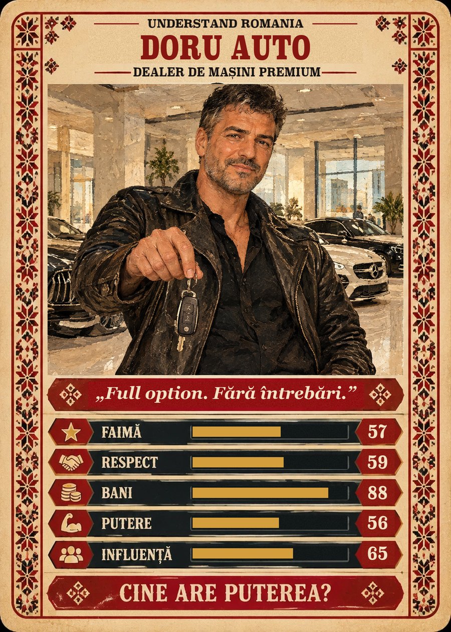 DORU AUTO — Dealer de mașini premium. Full option. Fără întrebări. (Faimă 57, Respect 59, Bani 88, Putere 56, Influență 65)
