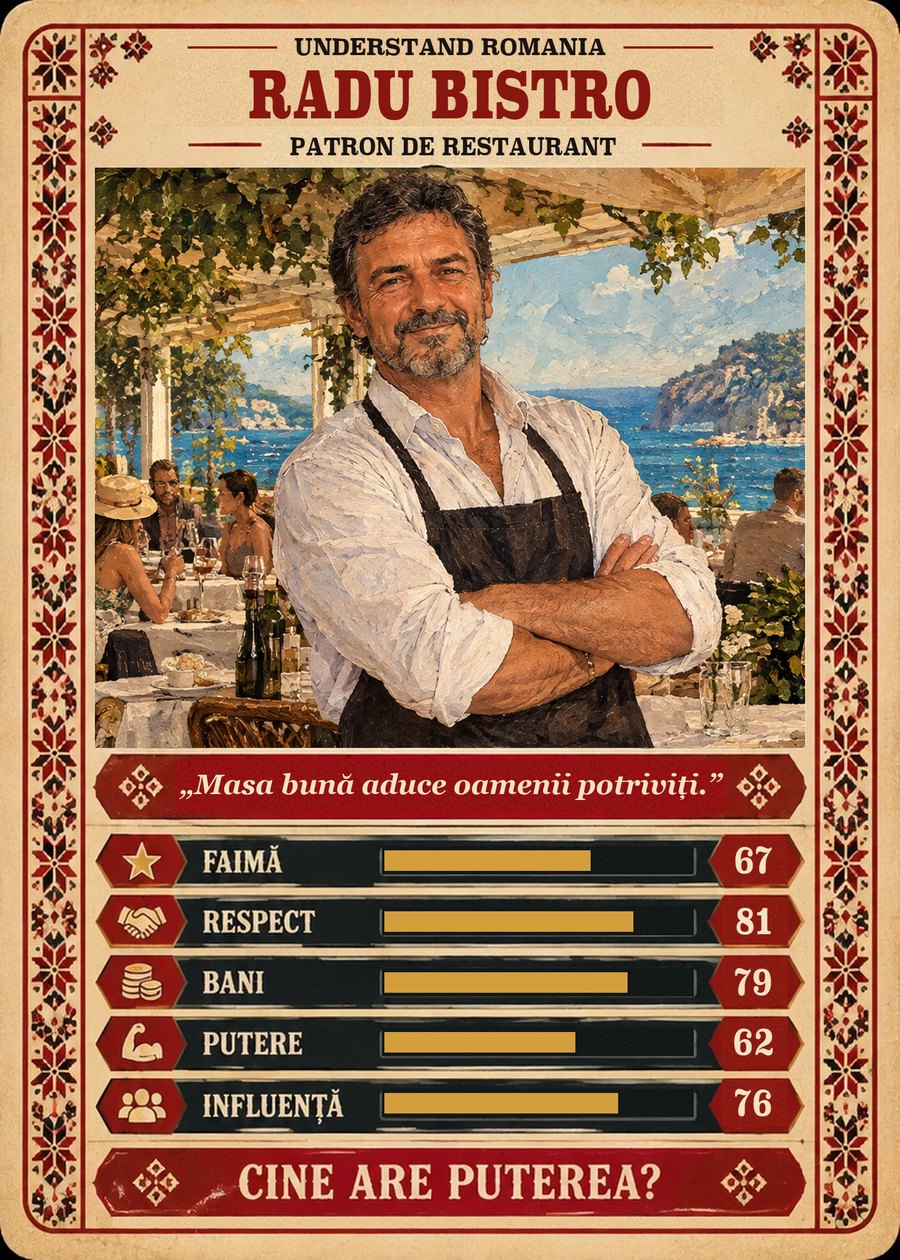 RADU BISTRO — Patron de restaurant. Masa bună aduce oamenii potriviți. (Faimă 67, Respect 81, Bani 79, Putere 62, Influență 76)