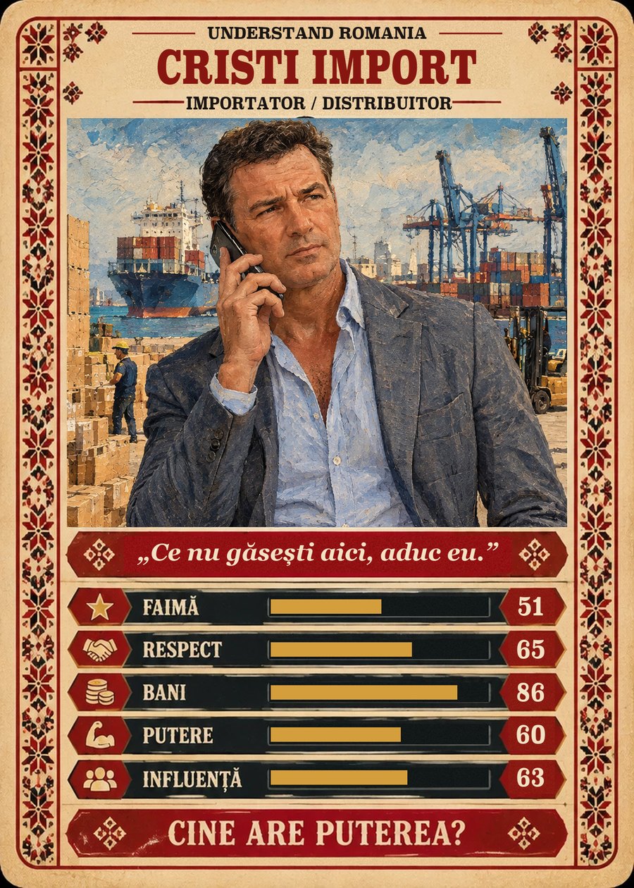 CRISTI IMPORT — Importator / Distribuitor. Ce nu găsești aici, aduc eu. (Faimă 51, Respect 65, Bani 86, Putere 60, Influență 63)