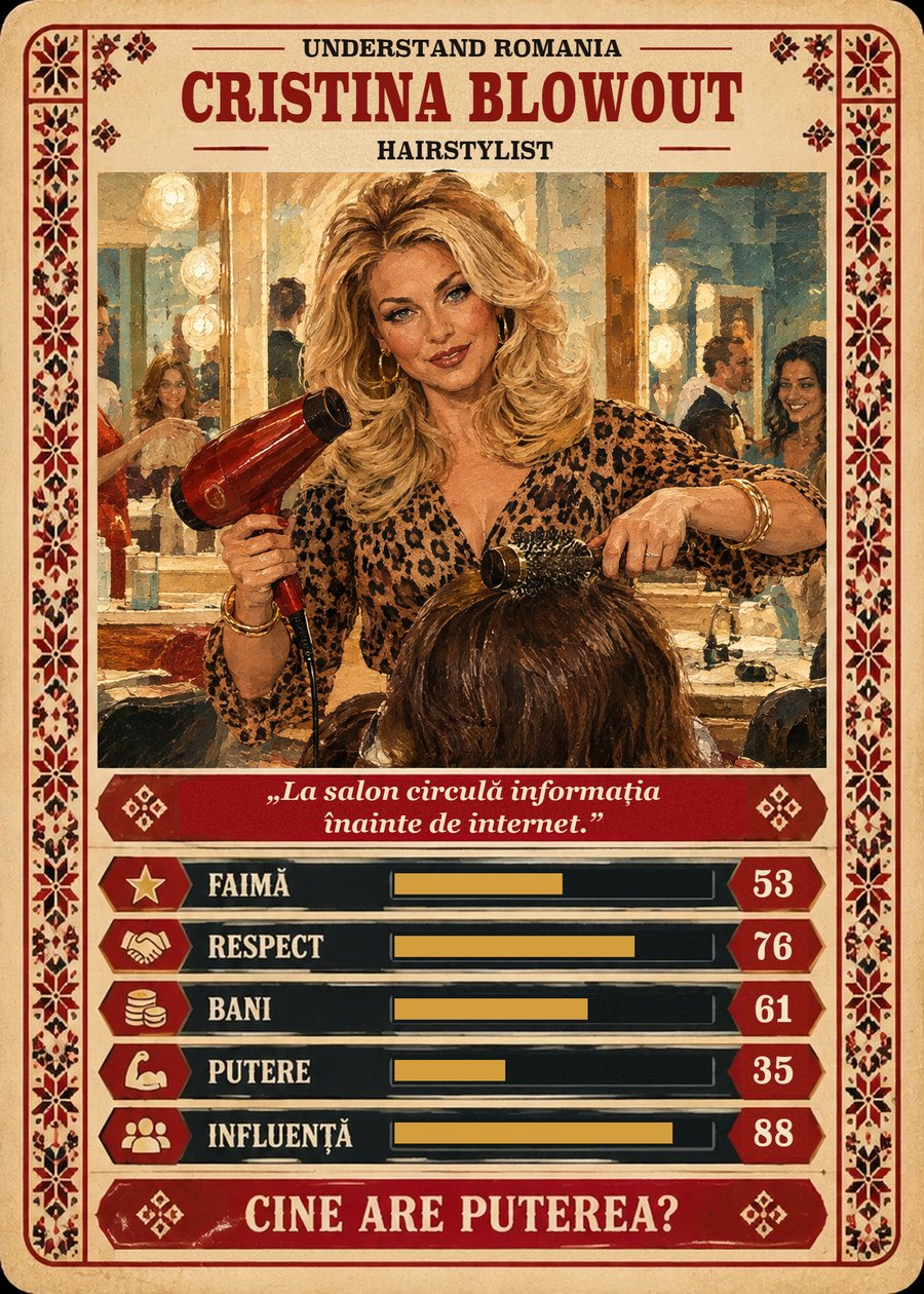 CRISTINA BLOWOUT — Hairstylist. La salon circulă informația înainte de internet. (Faimă 53, Respect 76, Bani 61, Putere 35, Influență 88)