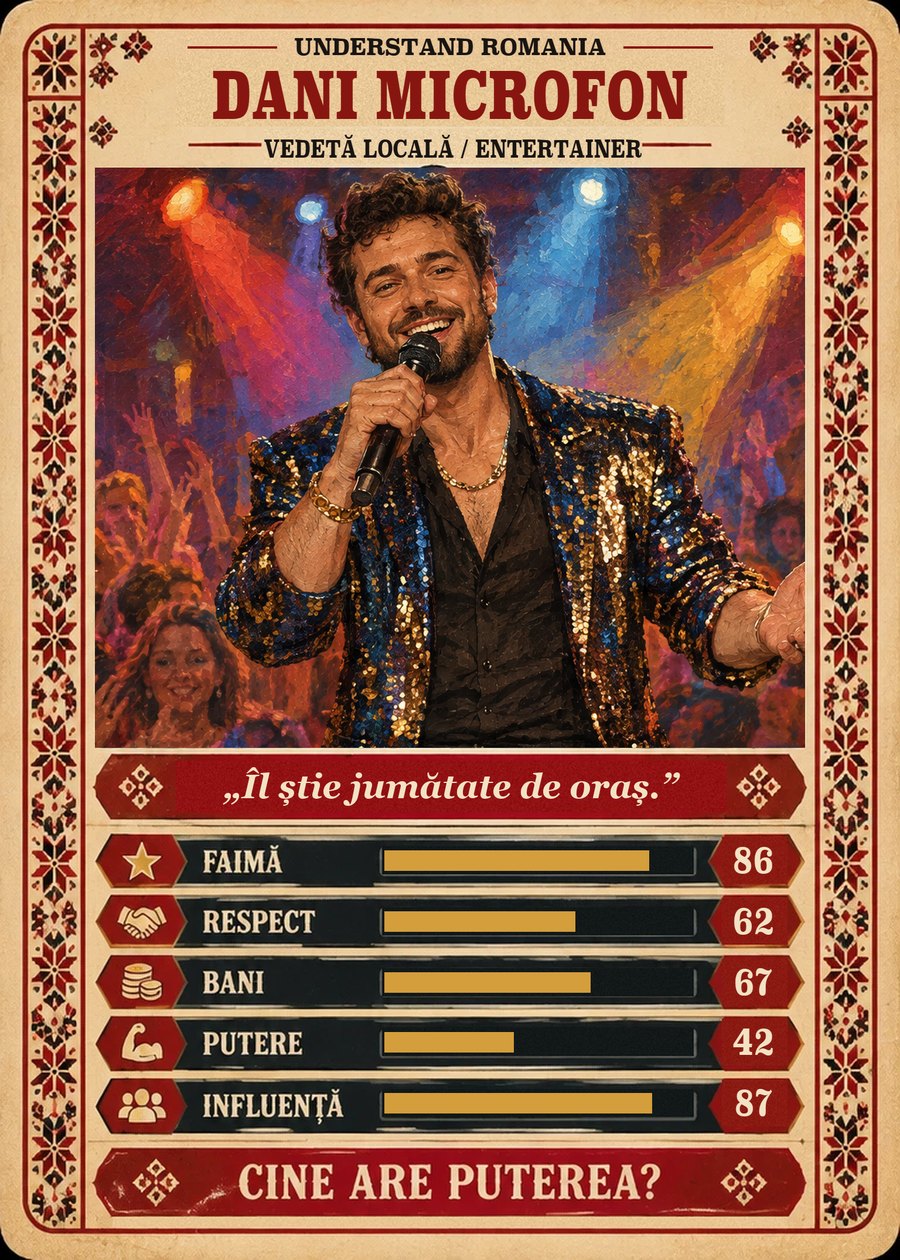DANI MICROFON — Vedetă locală / Entertainer. Îl știe jumătate de oraș. (Faimă 86, Respect 62, Bani 67, Putere 42, Influență 87)