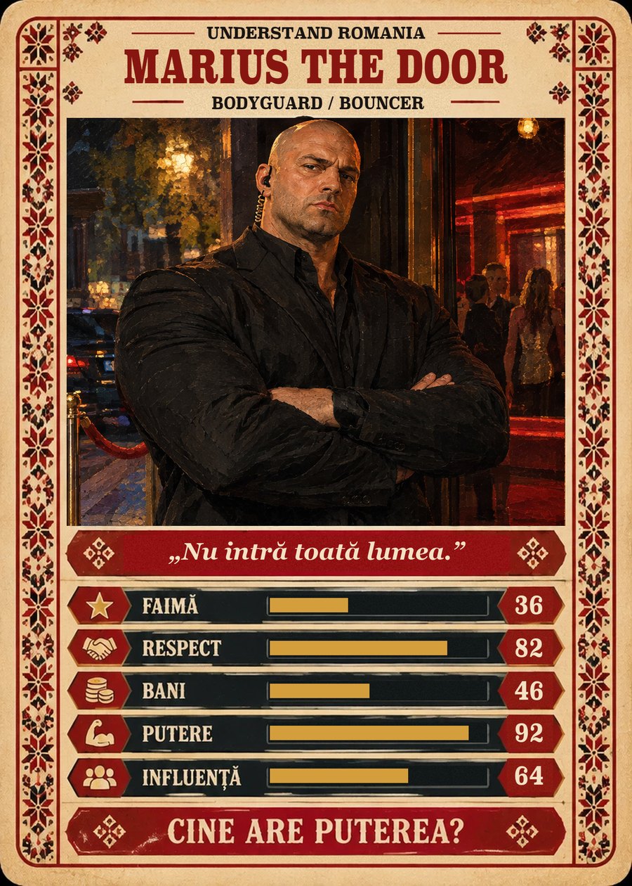 MARIUS THE DOOR — Bodyguard / Bouncer. Nu intră toată lumea. (Faimă 36, Respect 82, Bani 46, Putere 92, Influență 64)