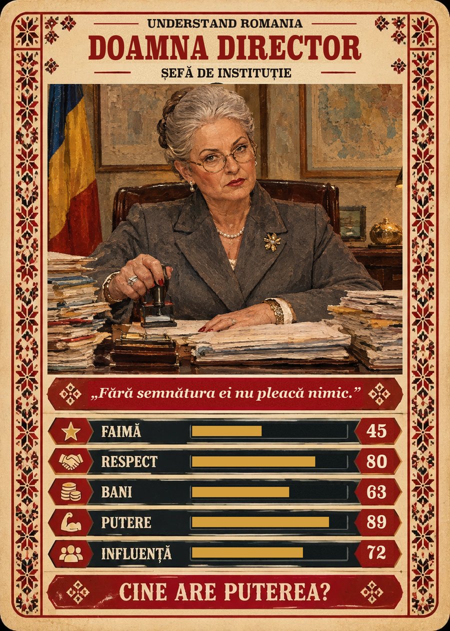 DOAMNA DIRECTOR — Șefă de instituție. Fără semnătura ei nu pleacă nimic. (Faimă 45, Respect 80, Bani 63, Putere 89, Influență 72)