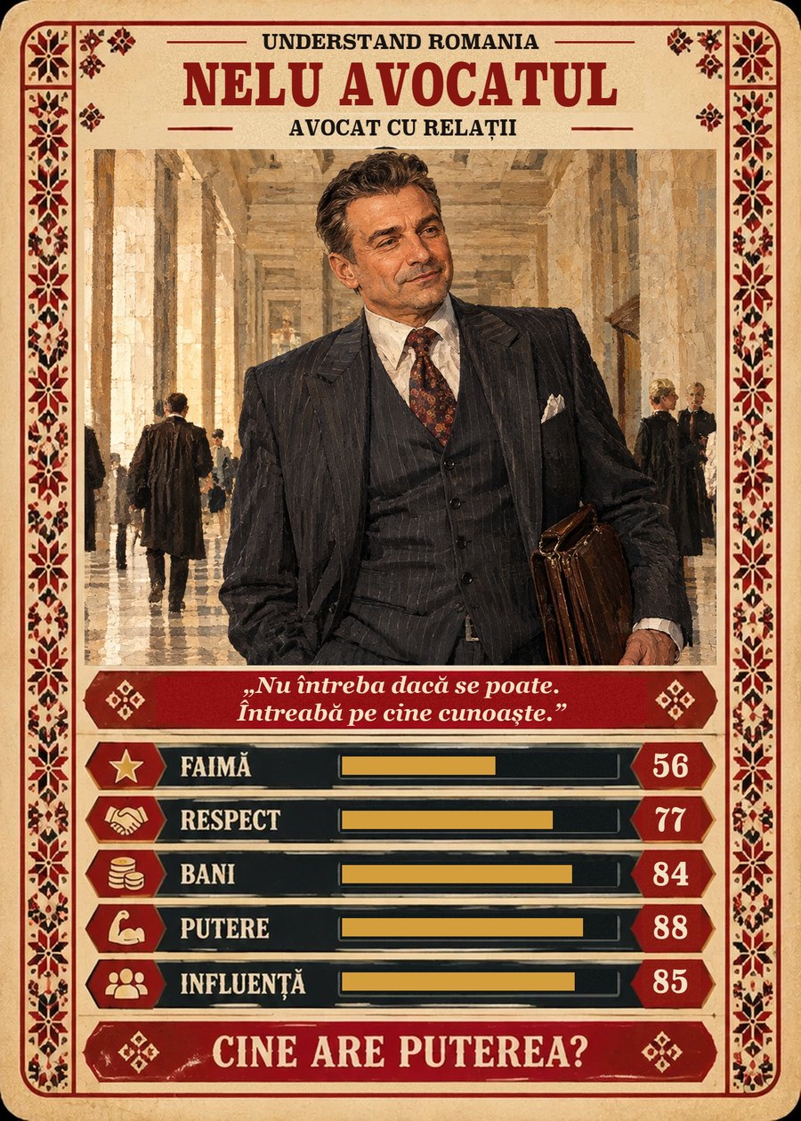 NELU AVOCATUL — Avocat cu relații. Nu întreba dacă se poate. Întreabă pe cine cunoaște. (Faimă 56, Respect 77, Bani 84, Putere 88, Influență 85)