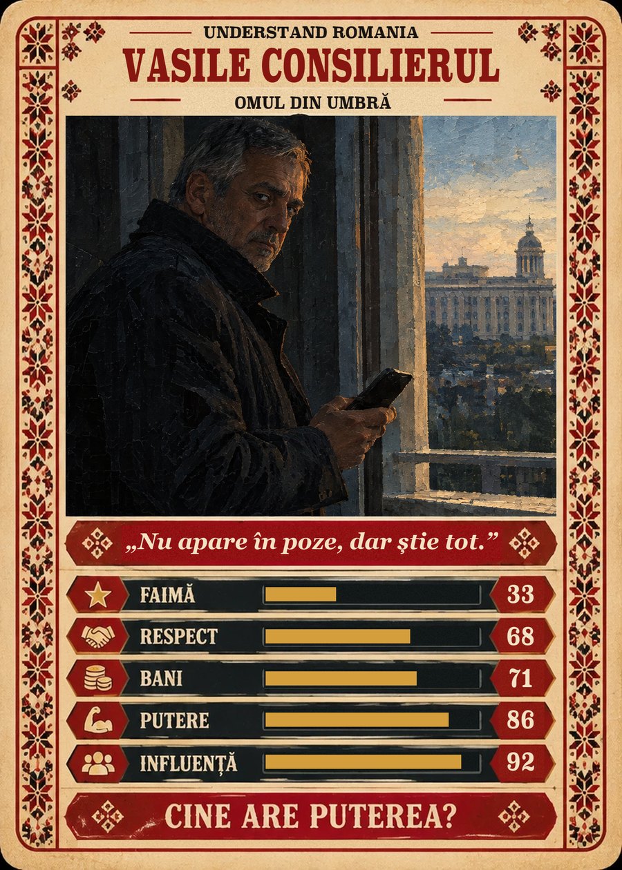 VASILE CONSILIERUL — Omul din umbră. Nu apare în poze, dar știe tot. (Faimă 33, Respect 68, Bani 71, Putere 86, Influență 92)
