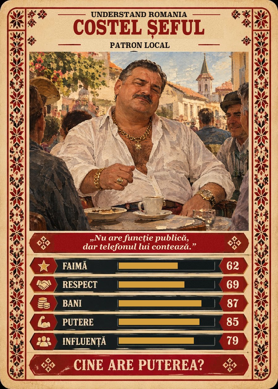 COSTEL ȘEFUL — Patron local. Nu are funcție publică, dar telefonul lui contează. (Faimă 62, Respect 69, Bani 87, Putere 85, Influență 79)