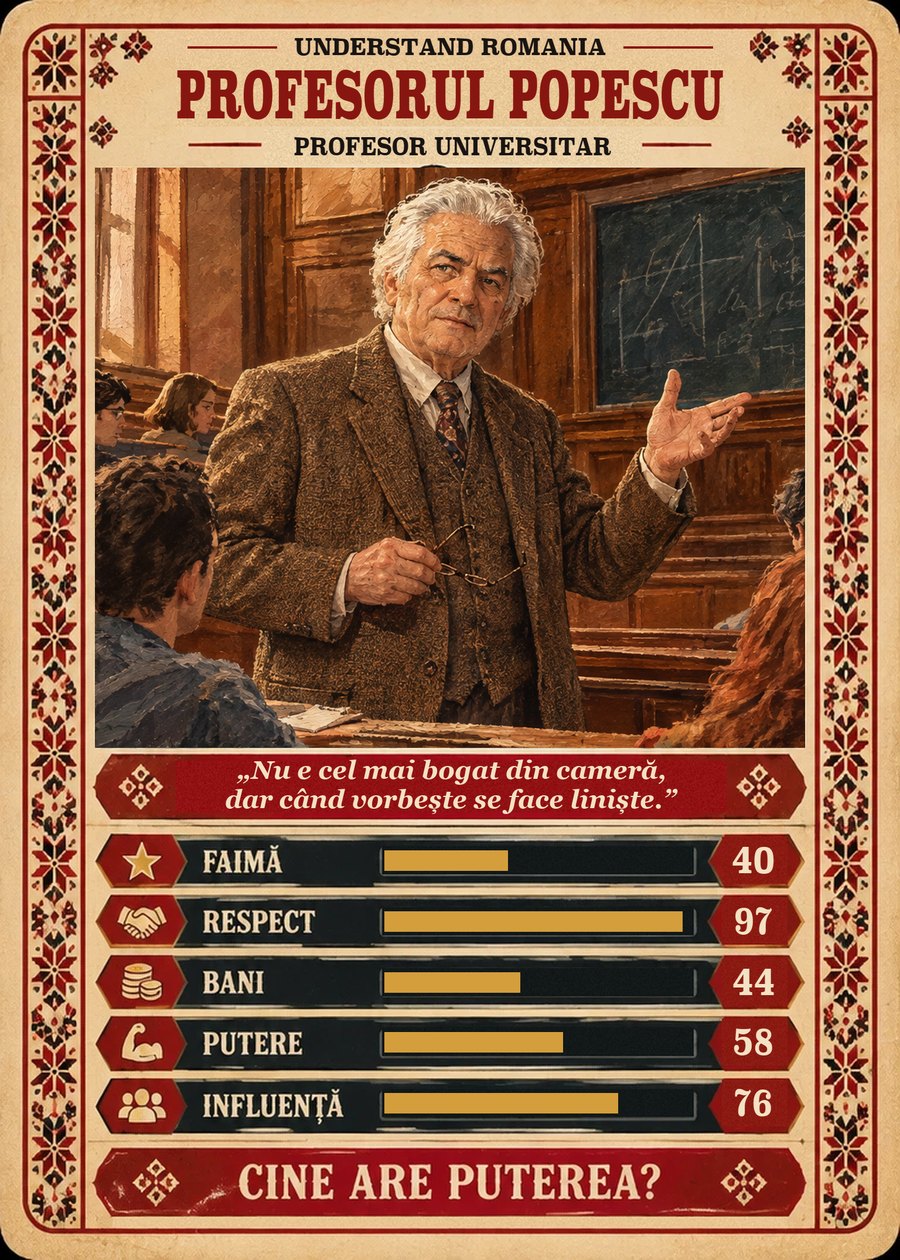 PROFESORUL POPESCU — Profesor universitar. Nu e cel mai bogat din cameră, dar când vorbește se face liniște. (Faimă 40, Respect 97, Bani 44, Putere 58, Influență 76)