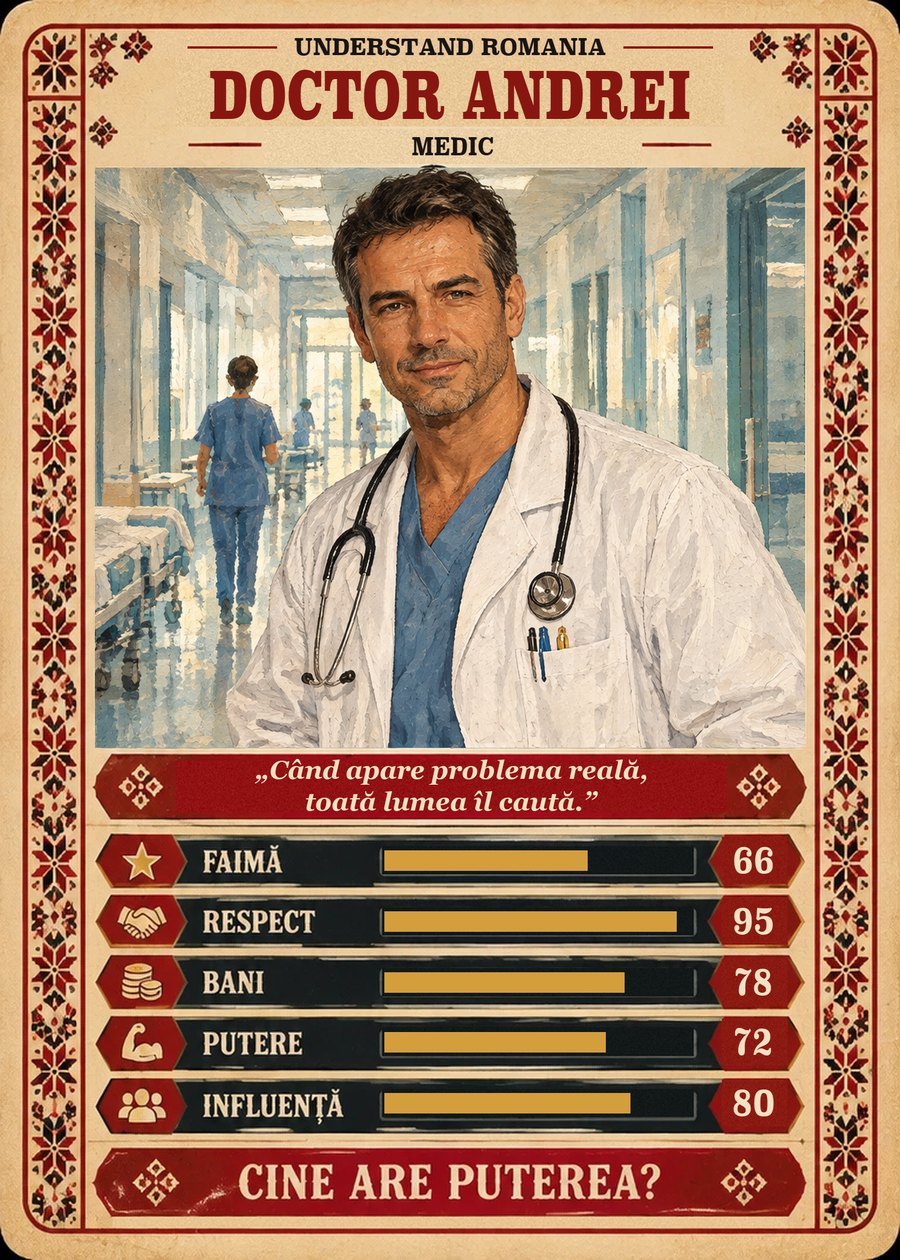 DOCTOR ANDREI — Medic. Când apare problema reală, toată lumea îl caută. (Faimă 66, Respect 95, Bani 78, Putere 72, Influență 80)