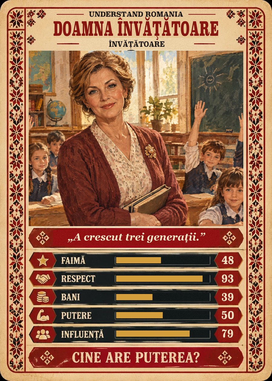 DOAMNA ÎNVĂȚĂTOARE — Învățătoare. A crescut trei generații. (Faimă 48, Respect 93, Bani 39, Putere 50, Influență 79)