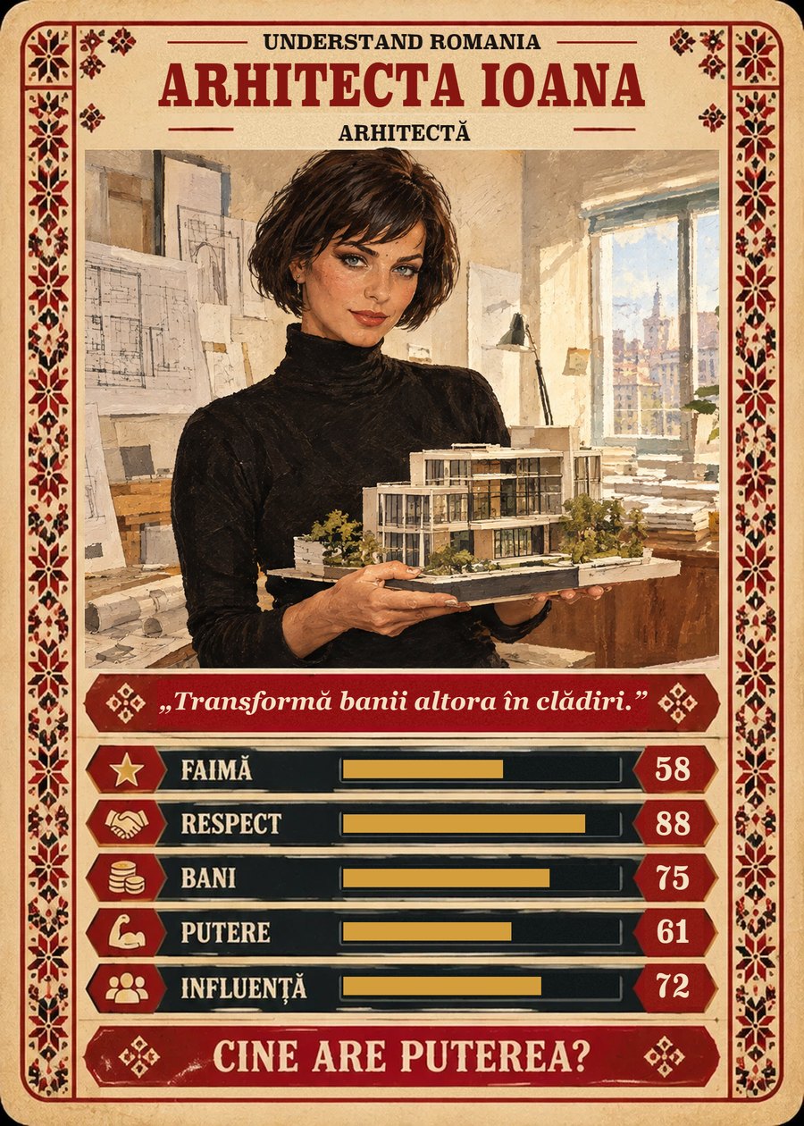 ARHITECTA IOANA — Arhitectă. Transformă banii altora în clădiri. (Faimă 58, Respect 88, Bani 75, Putere 61, Influență 72)