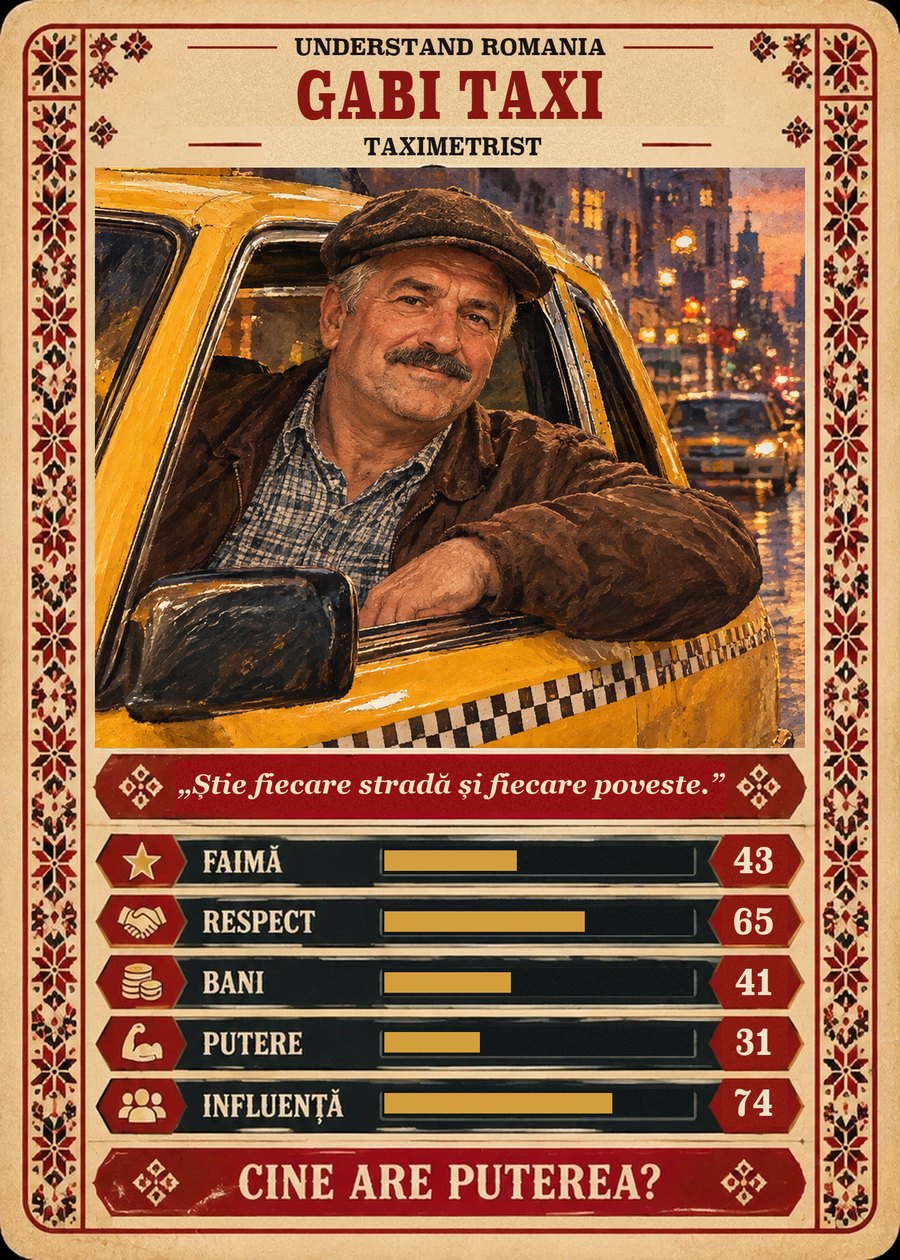 GABI TAXI — Taximetrist. Știe fiecare stradă și fiecare poveste. (Faimă 43, Respect 65, Bani 41, Putere 31, Influență 74)