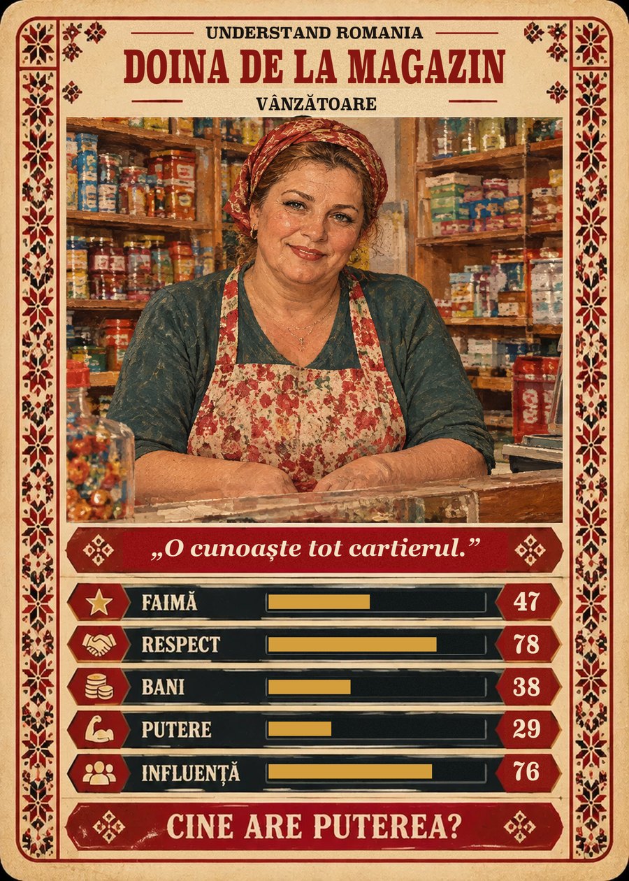 DOINA DE LA MAGAZIN — Vânzătoare. O cunoaște tot cartierul. (Faimă 47, Respect 78, Bani 38, Putere 29, Influență 76)