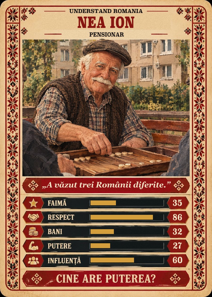 NEA ION — Pensionar. A văzut trei Românii diferite. (Faimă 35, Respect 86, Bani 32, Putere 27, Influență 60)