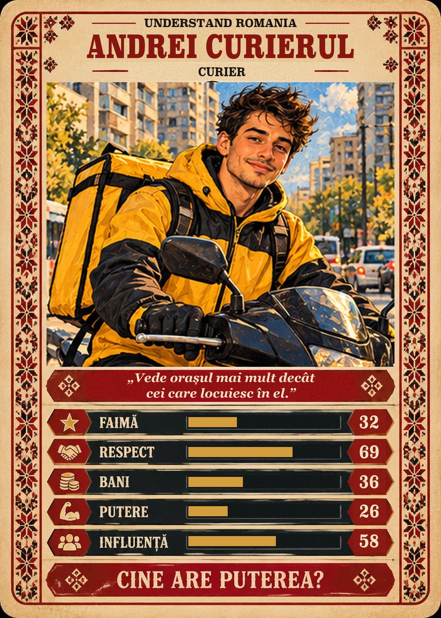 ANDREI CURIERUL — Curier. Vede orașul mai mult decât cei care locuiesc în el. (Faimă 32, Respect 69, Bani 36, Putere 26, Influență 58)