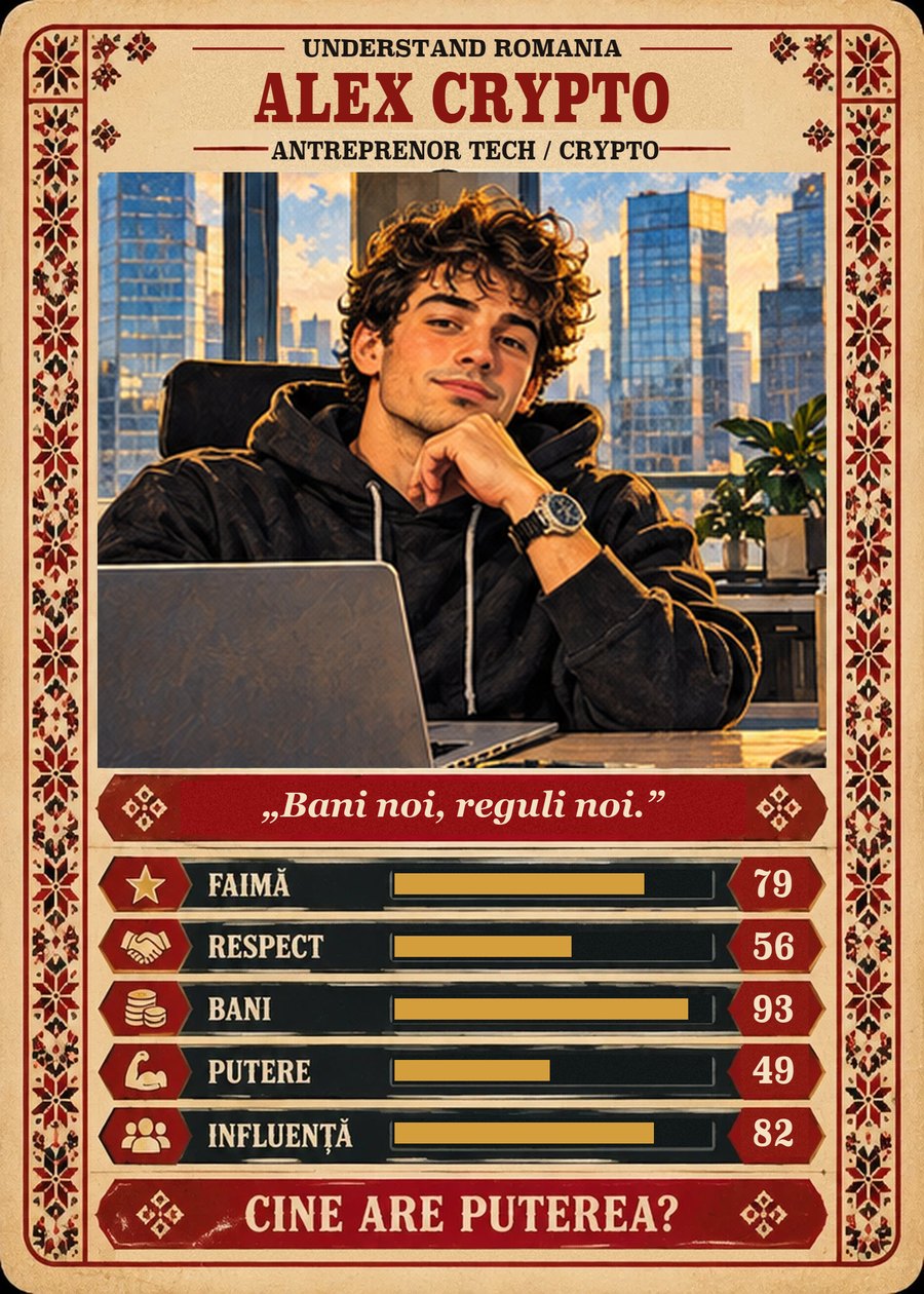 ALEX CRYPTO — Antreprenor Tech / Crypto. Bani noi, reguli noi. (Faimă 79, Respect 56, Bani 93, Putere 49, Influență 82)
