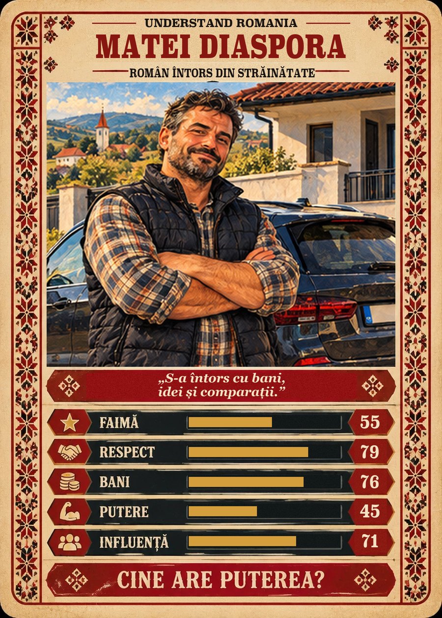 MATEI DIASPORA — Român întors din străinătate. S-a întors cu bani, idei și comparații. (Faimă 55, Respect 79, Bani 76, Putere 45, Influență 71)
