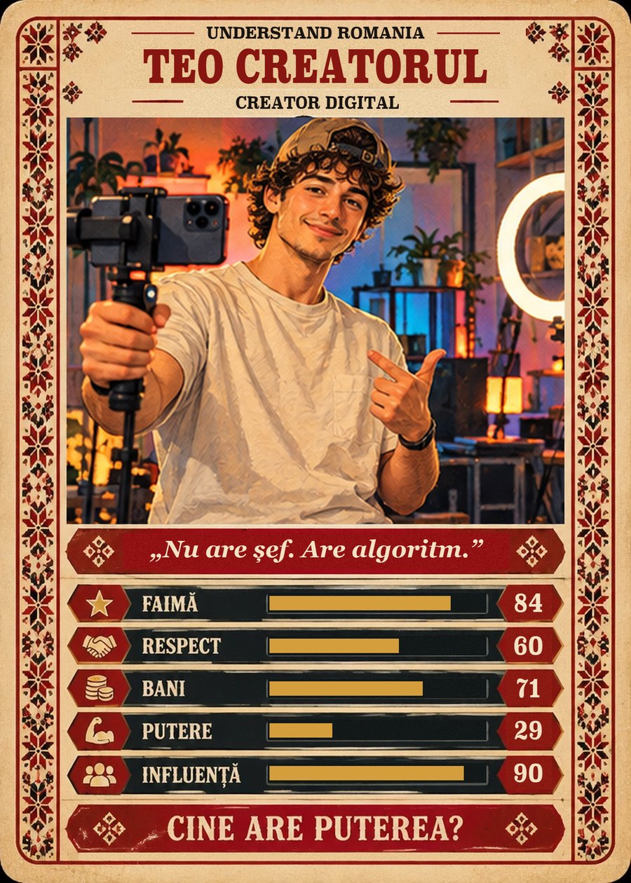 TEO CREATORUL — Creator digital. Nu are șef. Are algoritm. (Faimă 84, Respect 60, Bani 71, Putere 29, Influență 90)