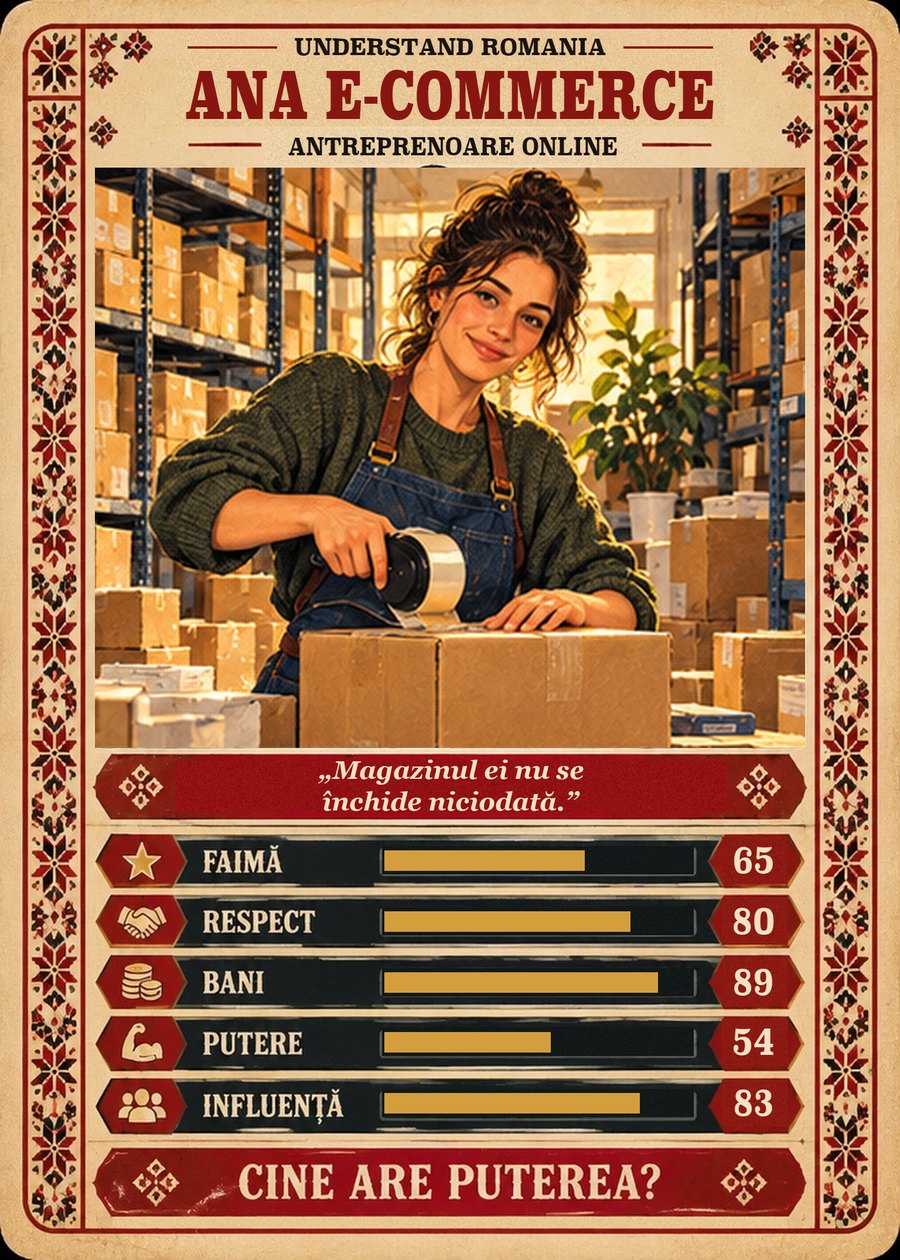 ANA E-COMMERCE — Antreprenoare online. Magazinul ei nu se închide niciodată. (Faimă 65, Respect 80, Bani 89, Putere 54, Influență 83)