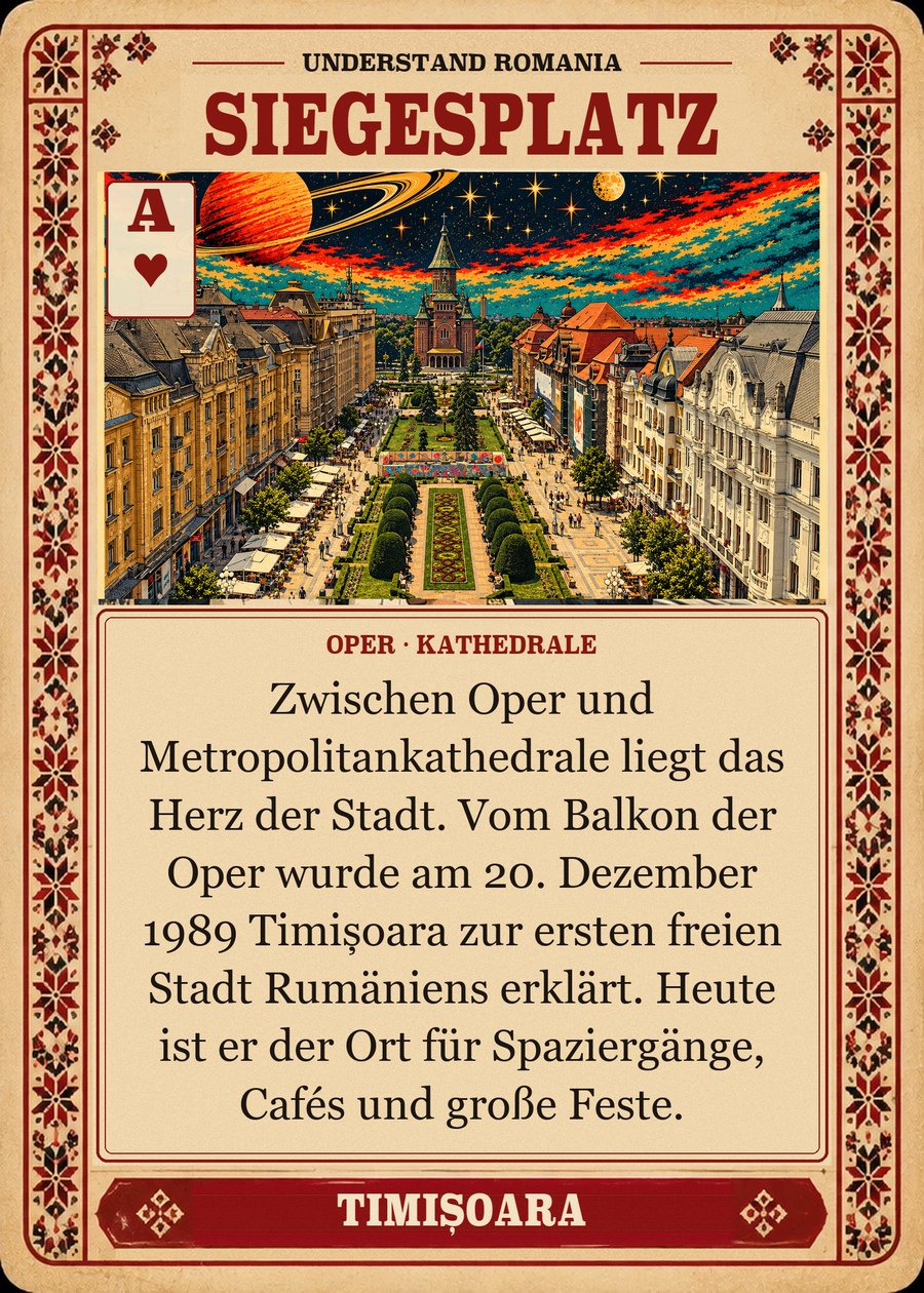 SIEGESPLATZ — Oper · Kathedrale. Zwischen Oper und Metropolitankathedrale liegt das Herz der Stadt. Vom Balkon der Oper wurde am 20. Dezember 1989 Timișoara zur ersten freien Stadt Rumäniens erklärt. Heute ist er der Ort für Spaziergänge, Cafés und große Feste.