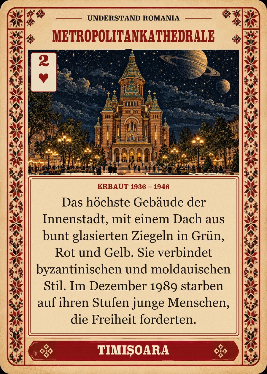 METROPOLITANKATHEDRALE — erbaut 1936 – 1946. Das höchste Gebäude der Innenstadt, mit einem Dach aus bunt glasierten Ziegeln in Grün, Rot und Gelb. Sie verbindet byzantinischen und moldauischen Stil. Im Dezember 1989 starben auf ihren Stufen junge Menschen, die Freiheit forderten.