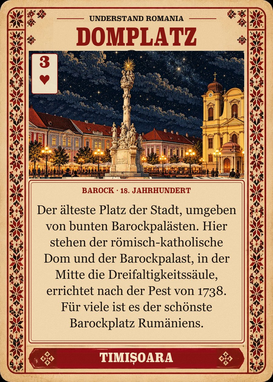 DOMPLATZ — Barock · 18. Jahrhundert. Der älteste Platz der Stadt, umgeben von bunten Barockpalästen. Hier stehen der römisch-katholische Dom und der Barockpalast, in der Mitte die Dreifaltigkeitssäule, errichtet nach der Pest von 1738. Für viele ist es der schönste Barockplatz Rumäniens.