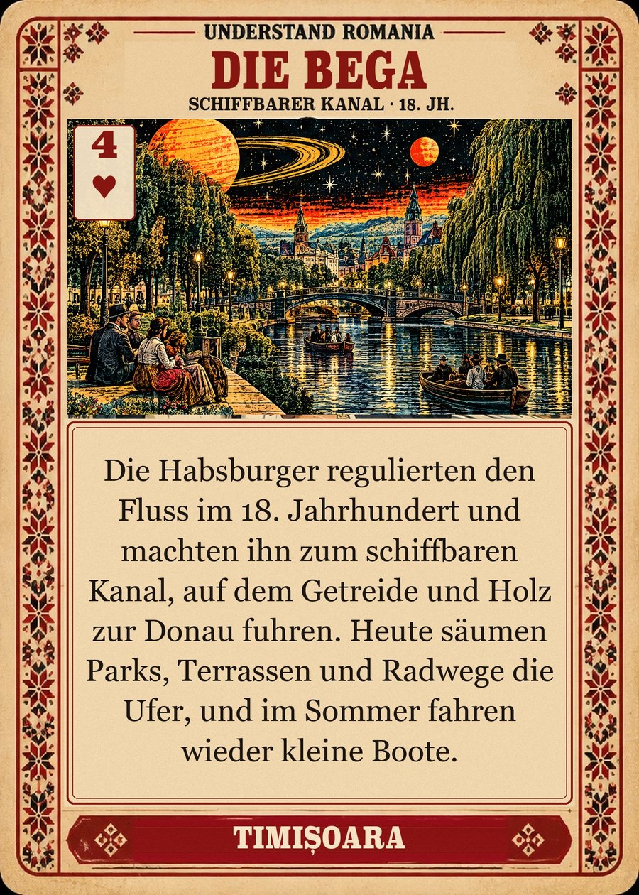 DIE BEGA — schiffbarer Kanal · 18. Jh.. Die Habsburger regulierten den Fluss im 18. Jahrhundert und machten ihn zum schiffbaren Kanal, auf dem Getreide und Holz zur Donau fuhren. Heute säumen Parks, Terrassen und Radwege die Ufer, und im Sommer fahren wieder kleine Boote.