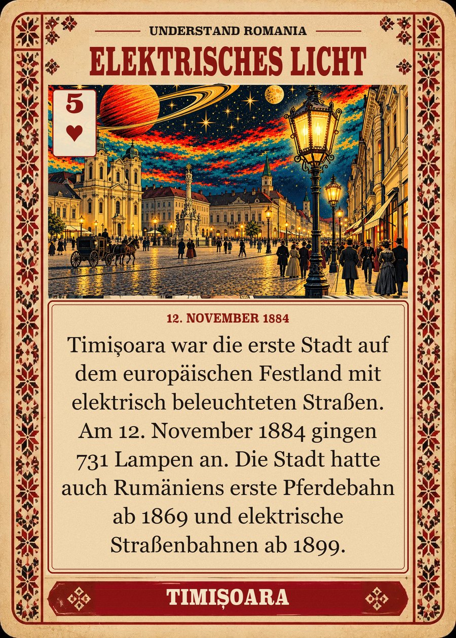 ELEKTRISCHES LICHT — 12. November 1884. Timișoara war die erste Stadt auf dem europäischen Festland mit elektrisch beleuchteten Straßen. Am 12. November 1884 gingen 731 Lampen an. Die Stadt hatte auch Rumäniens erste Pferdebahn ab 1869 und elektrische Straßenbahnen ab 1899.