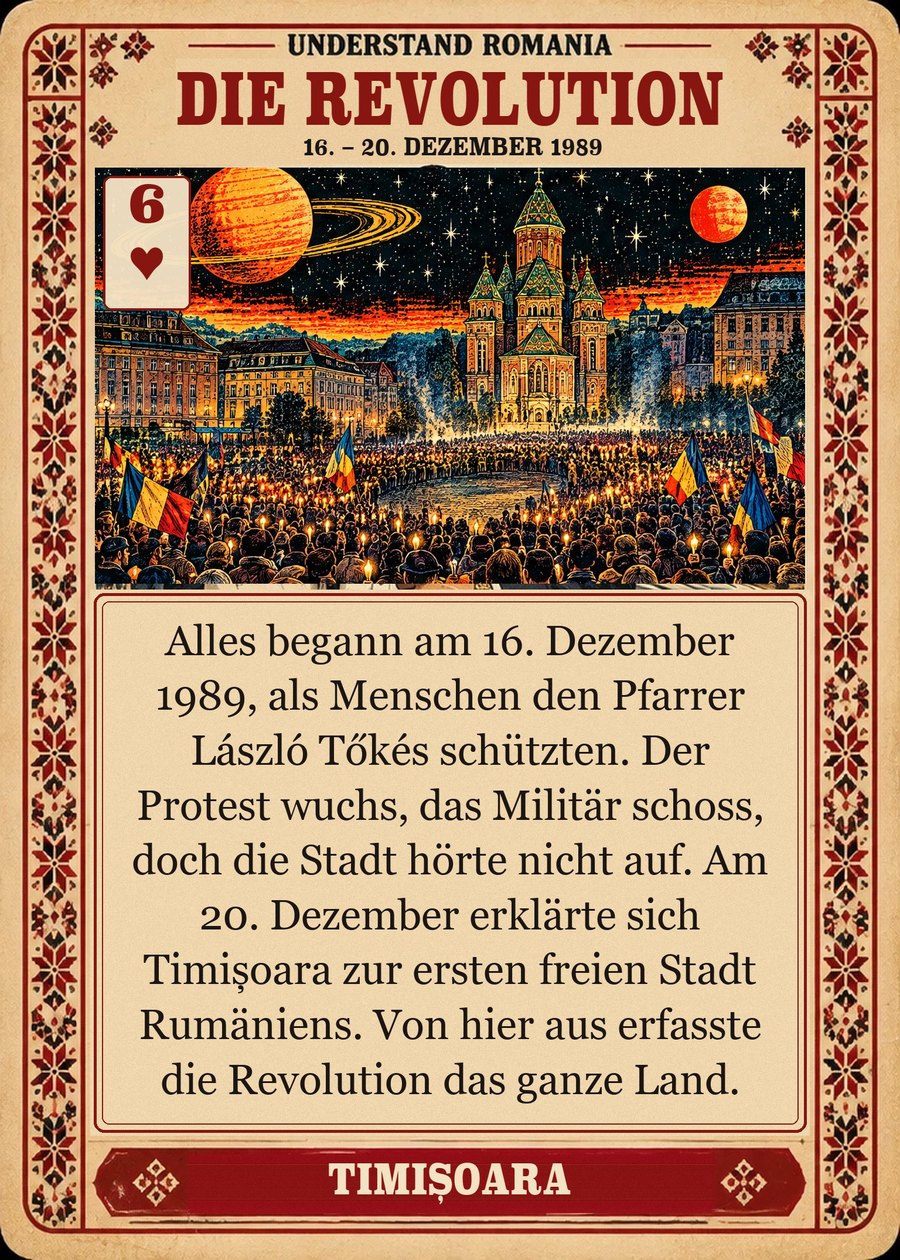 DIE REVOLUTION — 16. – 20. Dezember 1989. Alles begann am 16. Dezember 1989, als Menschen den Pfarrer László Tőkés schützten. Der Protest wuchs, das Militär schoss, doch die Stadt hörte nicht auf. Am 20. Dezember erklärte sich Timișoara zur ersten freien Stadt Rumäniens. Von hier aus erfasste die Revolution das ganze Land.
