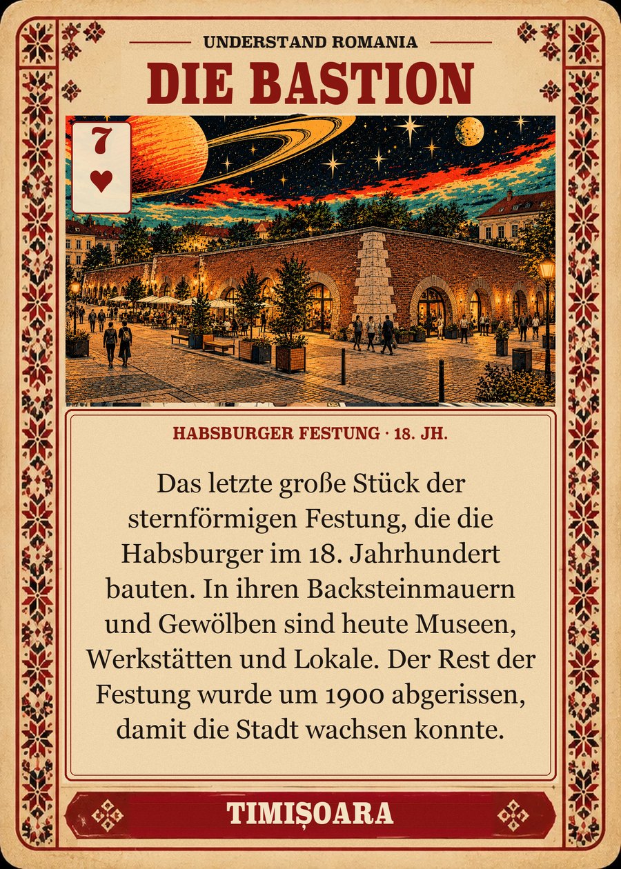 DIE BASTION — Habsburger Festung · 18. Jh.. Das letzte große Stück der sternförmigen Festung, die die Habsburger im 18. Jahrhundert bauten. In ihren Backsteinmauern und Gewölben sind heute Museen, Werkstätten und Lokale. Der Rest der Festung wurde um 1900 abgerissen, damit die Stadt wachsen konnte.