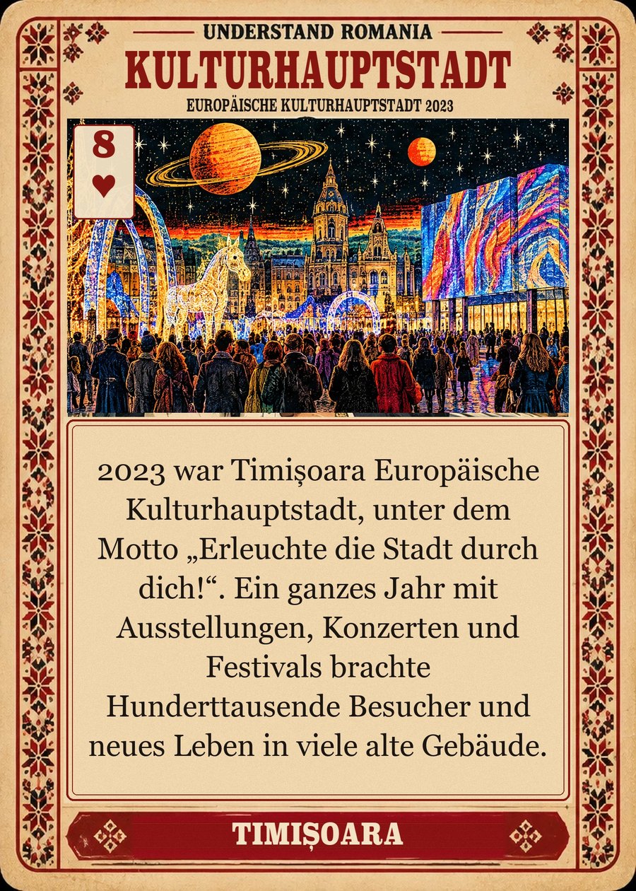 KULTURHAUPTSTADT — Europäische Kulturhauptstadt 2023. 2023 war Timișoara Europäische Kulturhauptstadt, unter dem Motto „Erleuchte die Stadt durch dich!“. Ein ganzes Jahr mit Ausstellungen, Konzerten und Festivals brachte Hunderttausende Besucher und neues Leben in viele alte Gebäude.