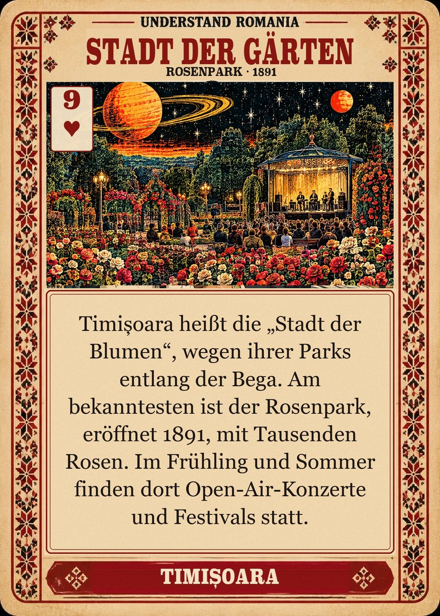 STADT DER GÄRTEN — Rosenpark · 1891. Timișoara heißt die „Stadt der Blumen“, wegen ihrer Parks entlang der Bega. Am bekanntesten ist der Rosenpark, eröffnet 1891, mit Tausenden Rosen. Im Frühling und Sommer finden dort Open-Air-Konzerte und Festivals statt.
