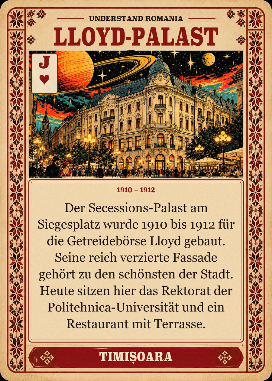 LLOYD-PALAST — 1910 – 1912. Der Secessions-Palast am Siegesplatz wurde 1910 bis 1912 für die Getreidebörse Lloyd gebaut. Seine reich verzierte Fassade gehört zu den schönsten der Stadt. Heute sitzen hier das Rektorat der Politehnica-Universität und ein Restaurant mit Terrasse.