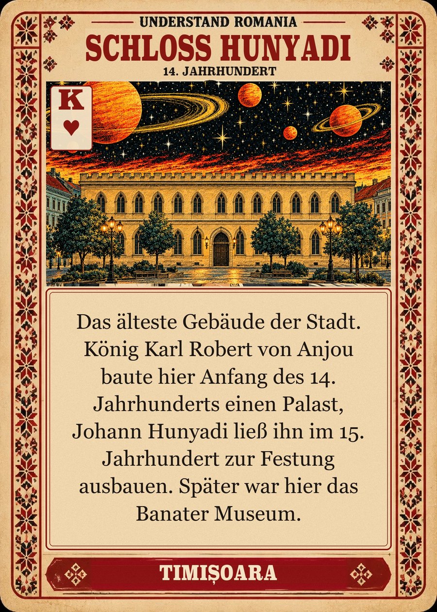 SCHLOSS HUNYADI — 14. Jahrhundert. Das älteste Gebäude der Stadt. König Karl Robert von Anjou baute hier Anfang des 14. Jahrhunderts einen Palast, Johann Hunyadi ließ ihn im 15. Jahrhundert zur Festung ausbauen. Später war hier das Banater Museum.