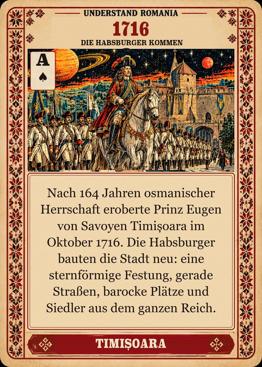 1716 — die Habsburger kommen. Nach 164 Jahren osmanischer Herrschaft eroberte Prinz Eugen von Savoyen Timișoara im Oktober 1716. Die Habsburger bauten die Stadt neu: eine sternförmige Festung, gerade Straßen, barocke Plätze und Siedler aus dem ganzen Reich.