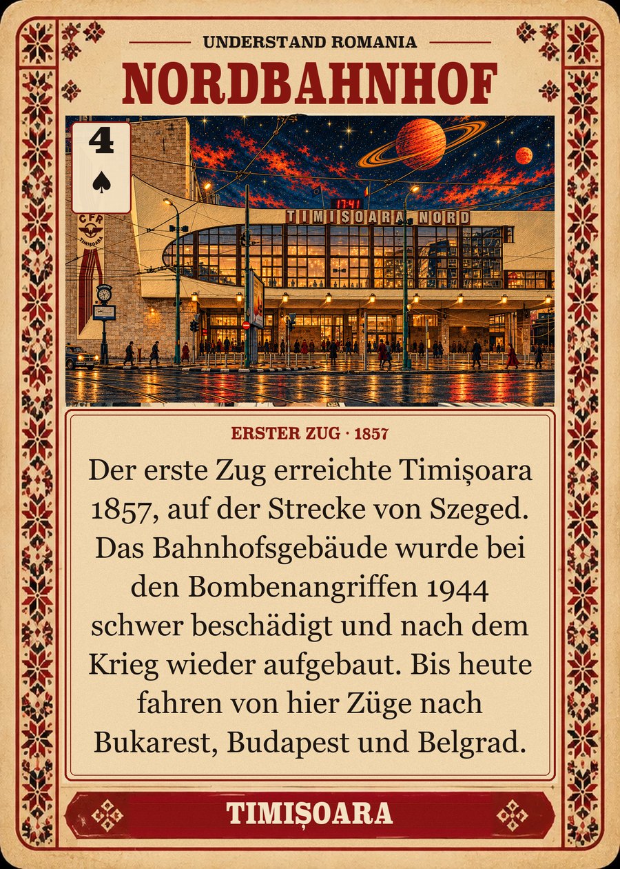 NORDBAHNHOF — erster Zug · 1857. Der erste Zug erreichte Timișoara 1857, auf der Strecke von Szeged. Das Bahnhofsgebäude wurde bei den Bombenangriffen 1944 schwer beschädigt und nach dem Krieg wieder aufgebaut. Bis heute fahren von hier Züge nach Bukarest, Budapest und Belgrad.