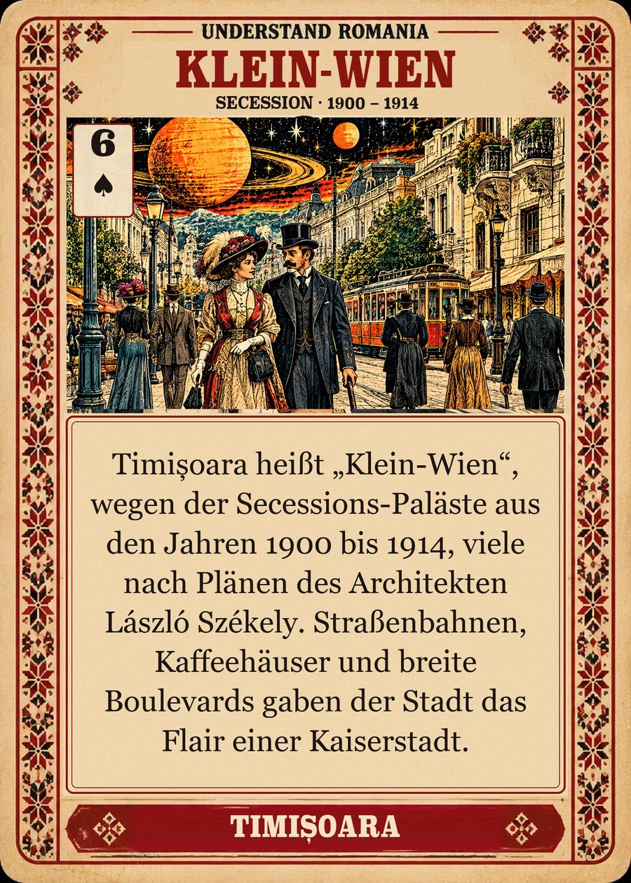 KLEIN-WIEN — Secession · 1900 – 1914. Timișoara heißt „Klein-Wien“, wegen der Secessions-Paläste aus den Jahren 1900 bis 1914, viele nach Plänen des Architekten László Székely. Straßenbahnen, Kaffeehäuser und breite Boulevards gaben der Stadt das Flair einer Kaiserstadt.