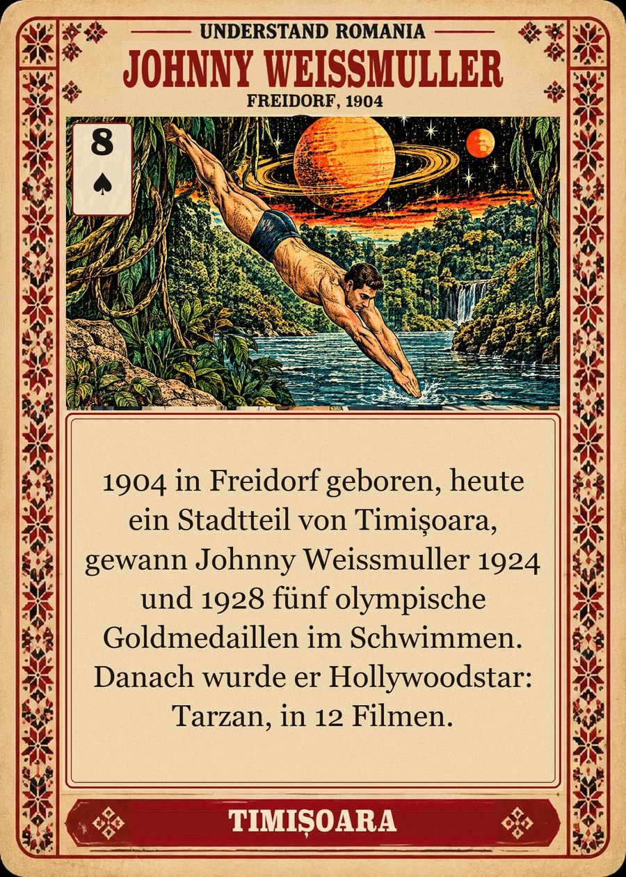 JOHNNY WEISSMULLER — Freidorf, 1904. 1904 in Freidorf geboren, heute ein Stadtteil von Timișoara, gewann Johnny Weissmuller 1924 und 1928 fünf olympische Goldmedaillen im Schwimmen. Danach wurde er Hollywoodstar: Tarzan, in 12 Filmen.