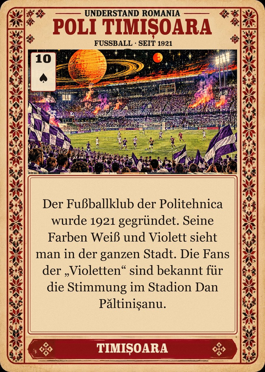 POLI TIMIȘOARA — Fußball · seit 1921. Der Fußballklub der Politehnica wurde 1921 gegründet. Seine Farben Weiß und Violett sieht man in der ganzen Stadt. Die Fans der „Violetten“ sind bekannt für die Stimmung im Stadion Dan Păltinișanu.