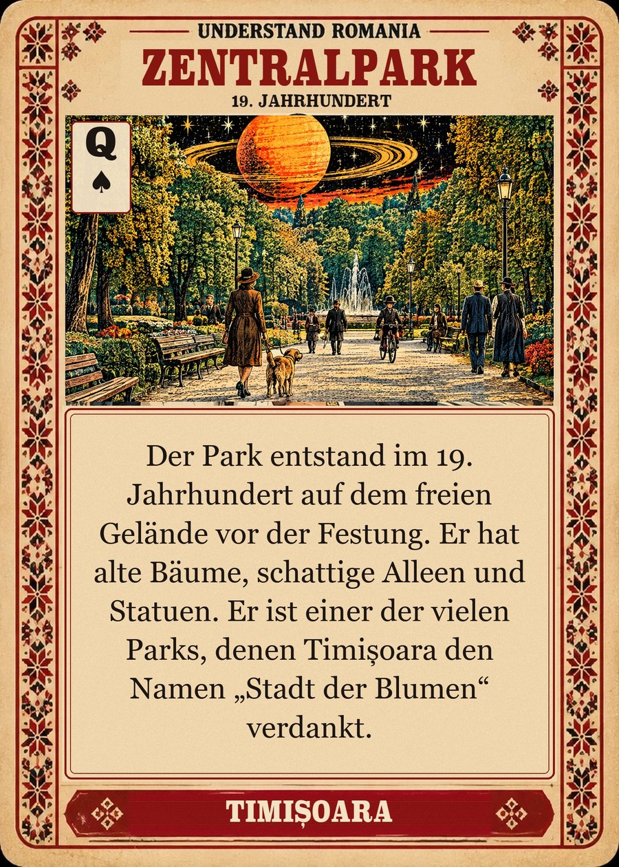 ZENTRALPARK — 19. Jahrhundert. Der Park entstand im 19. Jahrhundert auf dem freien Gelände vor der Festung. Er hat alte Bäume, schattige Alleen und Statuen. Er ist einer der vielen Parks, denen Timișoara den Namen „Stadt der Blumen“ verdankt.