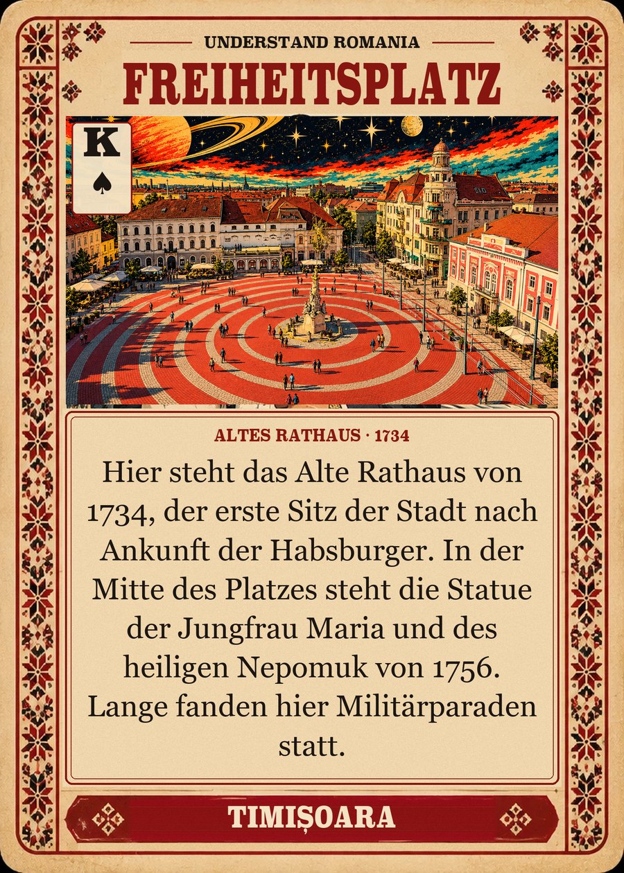 FREIHEITSPLATZ — Altes Rathaus · 1734. Hier steht das Alte Rathaus von 1734, der erste Sitz der Stadt nach Ankunft der Habsburger. In der Mitte des Platzes steht die Statue der Jungfrau Maria und des heiligen Nepomuk von 1756. Lange fanden hier Militärparaden statt.