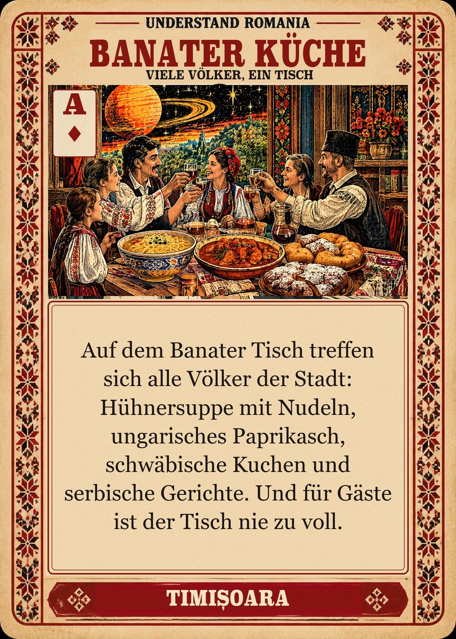 BANATER KÜCHE — viele Völker, ein Tisch. Auf dem Banater Tisch treffen sich alle Völker der Stadt: Hühnersuppe mit Nudeln, ungarisches Paprikasch, schwäbische Kuchen und serbische Gerichte. Und für Gäste ist der Tisch nie zu voll.